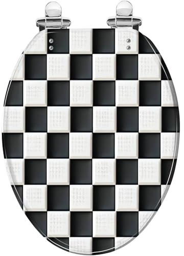 Slow Quiet Close Elongated Resin Toilet Seat Black White Checkered Quick Release Hinges