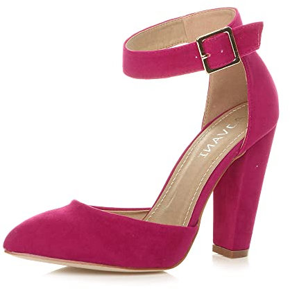 Womens Ladies high Block Heel Ankle Strap Pointed Court Shoes, Fuchsia Pink Suede, 3 UK