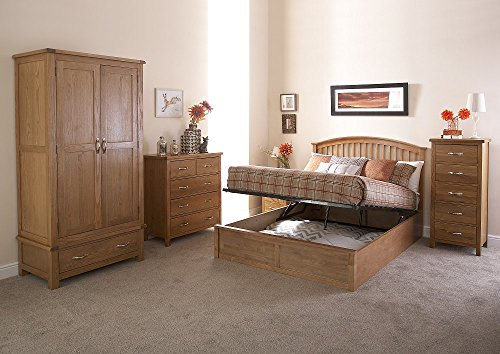 GFW Madrid Wooden Oak Ottoman Double Bed Frame, Under Mattress Support Board With Thick Wooden Sprung Slats And Underbed Storage. 201 (L) x 150(W) x 144cm (H)