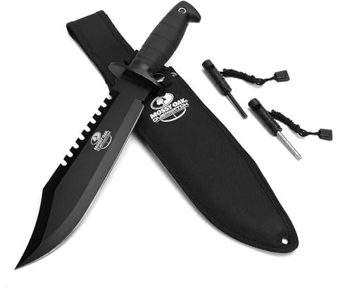 Mossy Oak Survival Knife, 15-inch Fixed Blade Hunting Bowie Knife with Sharpener and Fire Starter, for Camping, Tactical, Outdoor