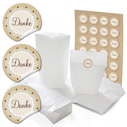 Logbuch-Verlag 24 Geschenktüten zum Befüllen weiß 16,5 x 26 cm + DANKE Aufkleber vintage braun - Verpackung für kleine Geschenke