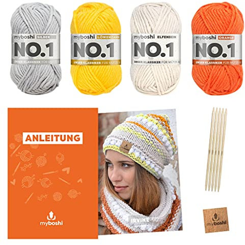 myboshi Strickset Mütze Irvine, Strickpaket für Fortgeschrittene, inkl. No.1 Wolle, Nadel, Anleitung und Label, 30% Merinowolle Orange mit Nadelspiel