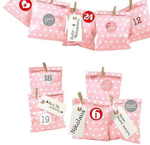 Frau WUNDERVoll® DIY Adventskalender zum Befüllen Bescherung: Set Stern 109, Papiertueten flach 13x16,5cm, rosa Stern, Ziffern rosa-rot