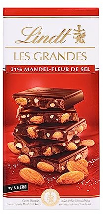 Lindt Schokolade Les Grandes Salz-Mandel | 150 g Tafel | Ganze gesalzene Mandeln und karamellisierte Mandel-Stückchen in feinherber Schokolade | Schokoladentafel | Schokoladengeschenk