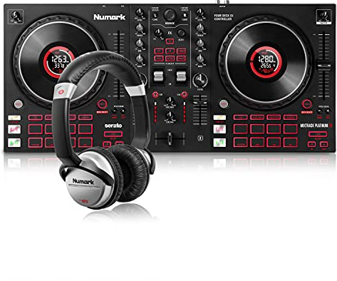 Numark Mixtrack Platinum FX & HF125 - Contrôleur DJ pour Serato DJ avec 4 Decks, Table de Mixage DJ, Interface Audio Intégrée & Casque Professionnel pour DJ Ultra-Portable avec Câble de 1,8 m