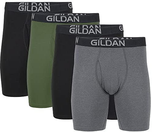 Gildan Cotton Stretch Boxer Brief, Multipack Ropa Interior de Hombres, Hollín Negro/Gris Oscuro Jaspeado/Verde Medianoche (Paquete de 4, Pierna Larga), M (Pack de 4)