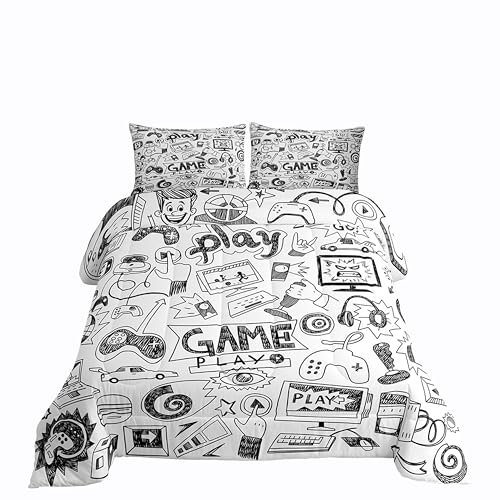 Erosebridal Gaming Comforter Set Twin, Kids Gamepad Cartoon Bedding Set Video Games Gamers Duvet Set Hip Hop Graffiti Quilt Set Racing Car Comforter Set, Black White Printed Bedroom Decor