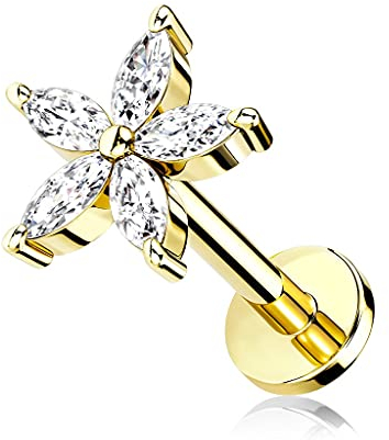 beyoutifulthings 1 Knorpel Ohr-Stecker Zirkonia Blume 8 mm Länge Gold Clear Cartilage Labret Piercing-s Tragus Edelstahl Schraub-Verschluss