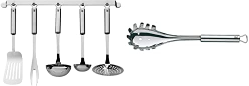 WMF Profi Plus Küchenhelfer Set 6-teilig, Hängeleiste mit 5 Helfer, Schöpflöffel, Schaumlöffel & Profi Plus Spaghettilöffel 32 cm, Cromargan Edelstahl teilmattiert, ideal als Nudelzang