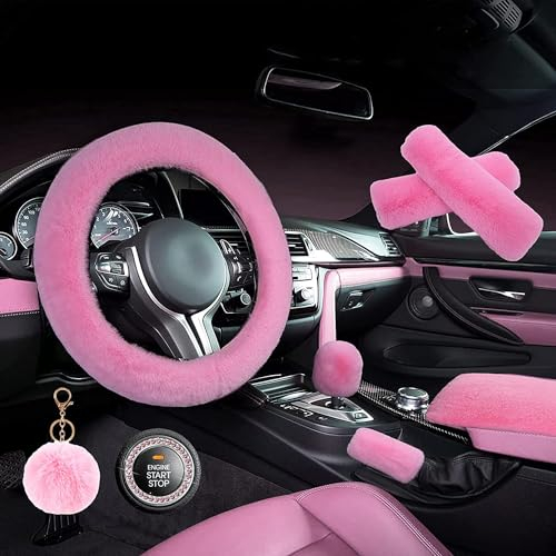 ZYNQACC 1 lot de 8 housses de volant moelleuses, chaudes, douces et pelucheuses pour femmes/filles, accessoires de voiture universels de 38,1 cm (rose)