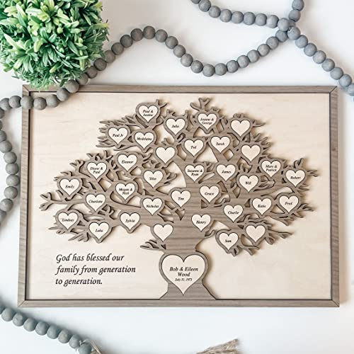 Noms personnalisés en Bois Arbre généalogique tenture Murale, Cadeau gravé pour Anniversaire Mariage Anniversaire Noël Hanoucca, Arbre généalogique personnalisé décor à la Maison