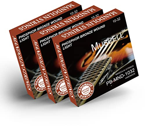 MUSCELL Cuerdas de mandolina, hechas a mano, bronce fosforoso, 8 cuerdas, 3 paquetes, ligeras 10-32 PB-MND-1032
