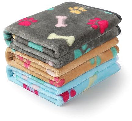 Luciphia 1 Packung mit 3 Decken, flauschige Premium-Fleece-Haustierdecke, Flanell, Pfotenabdruck, Überwurf für Hund und Katze (groß, 104 x 78 cm, Grau/Braun/Blau)