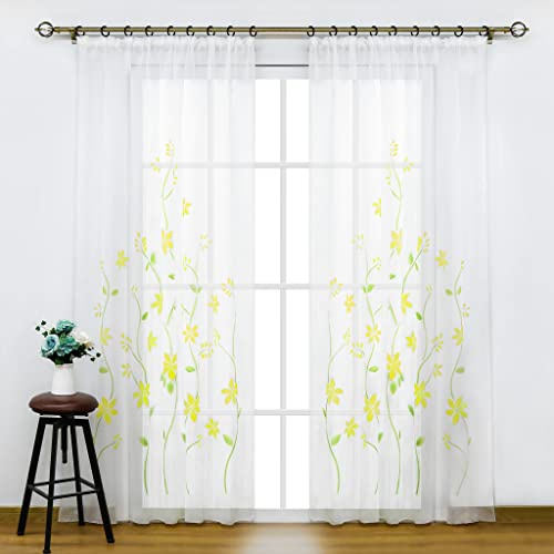 SCHOAL Gardinen mit Kräuselband Transparente Vorhänge Voile Fensterschal Modern Gardinenschal mit Blumen Muster 1 Stück BxH 150x225cm Gelb