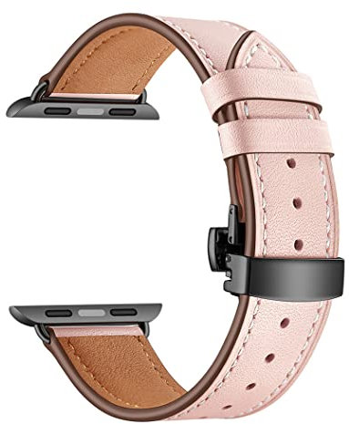 Correa de cuero para Apple Watch Band 41mm 40mm 38mm Correa de cuero genuino Pulsera de repuesto para iwatch Ultra Series 8 7 6 SE 5 4 3 2 1, Botón Negro Rosa