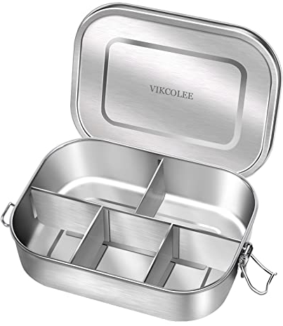 VIKCOLEE Stainless Steel Bento Lunch Food Box Container, 5-Compartment Large 1400ML Metal Lunch Box Container for Adults with Lockable Clips to Leak - Dishwasher Safe