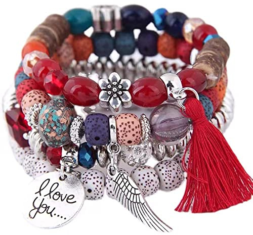 Carufin Crystal Multilayer Türkis Armbänder Boho Perlen Quaste Elastizität Armband Hand Accessoires Schmuck für Damen und Herren (Rot)