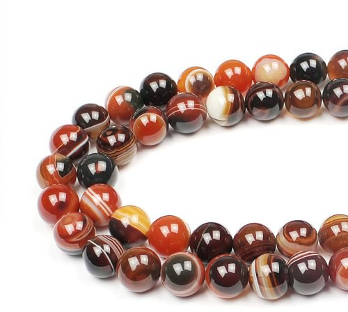 MJDCB Natural Round Stone Beads 10mm Brownish Red Striped Agate Loose Gemstone Beads for Jewelry Making Bracelet Necklace 35pcs