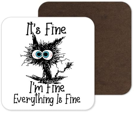 Coaster Cat Its Fine I'm Fine Everything is fine joke Gift Work Office Dining Tea coffe (1)