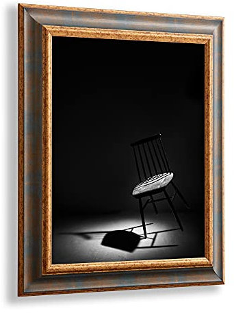 VO design Dekorativer Bilderrahmen Kjell aus Massivholz in 120 x 80 cm Blau Gold Dekor im Vintage Stil mit antireflex Kunstglasscheibe