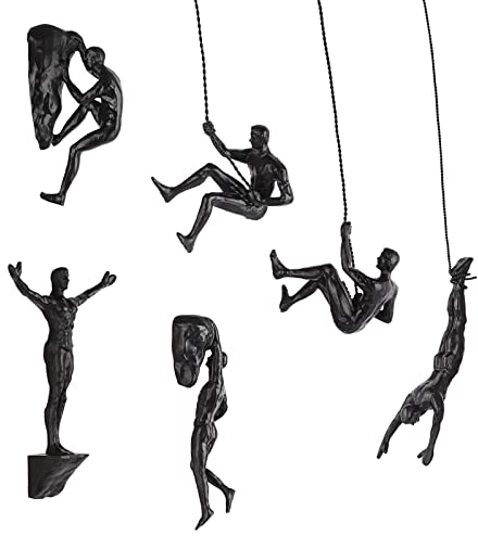 Jannlimt Wohnkultur-Statue, moderne einfache Harz-Skulptur, kreative Kletter-Männer-Wandskulptur, handgefertigt, fertige Kunst, Heimdekoration (3-teiliges Set), 6 Stück schwarz
