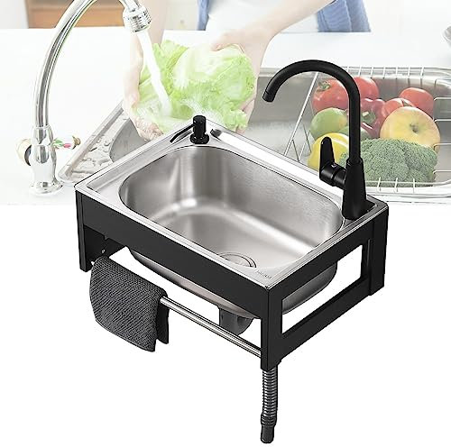 Wandmontierte kommerzielle Restaurant-Spüle, Edelstahl Utility-Spüle, Küchenspüle mit Ständer, tragbare Spüle, Einzelschüssel, Halterung und Ablauf-Set, für Wäsche, Garage, Keller, Garten