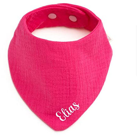 Personalisiertes Dreieckshalstuch aus Baumwolle, Halstuch für Jungen, Mädchen, Unisex, mit Druckknopfverschluss, in verschiedenen Farben mit Wunschnamen-Musselin (Pink)
