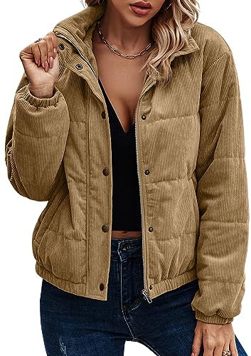ASOMI Jacke Damen Winter Herbst Cordjacke Fleecejacke Causal Langarm Übergangsjacke Mode Mantel Reißverschluss Steppjacke Outwear mit Tasche 404 Khaki 38