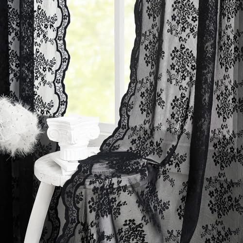 YJ YANJUN Schwarze Gardinen mit ösen Spitze Halloween Vorhang Blumen Vorhänge Schwarz Häkelgardine Hexens Vorhänge für Schlafzimmer Wohnzimmer Eßzimmer Horror Deko (BxH) 140x245 cm 2 er Set