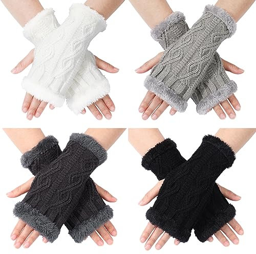 TAGVO 4 Paar Fingerlose Handschuhe Halb Fingerhandschuhe Verdickte Plüsch Armstulpen, Gestrickte Handschuhe Winterhandschuhe, Geschenke für Frauen Größe Mädchen