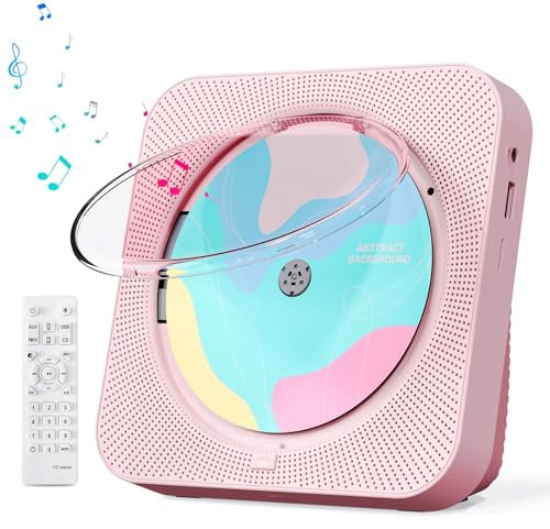 Lettore CD portatile con Bluetooth 5.1 Desktop lettore CD con altoparlanti Hi-Fi, telecomando, copertura antipolvere, display LED, radio FM Boombox, USB/AUX per casa, regalo, bambini (rosa)
