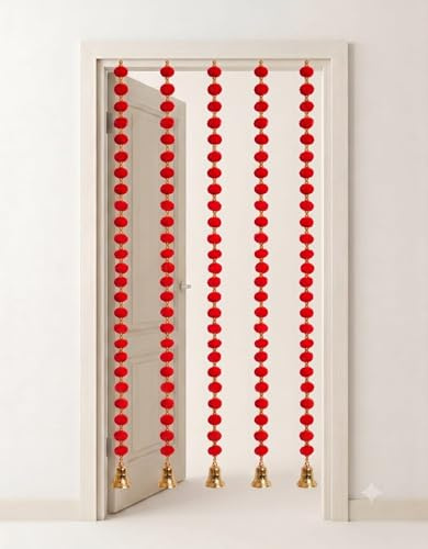 Estationeryhouse Indische Handgefertigte Pompon-Girlande Mit Glocken, Ca. 152 Cm, 2 Girlanden, Diwali-Dekor, Weihnachtsdekoration (Rot)