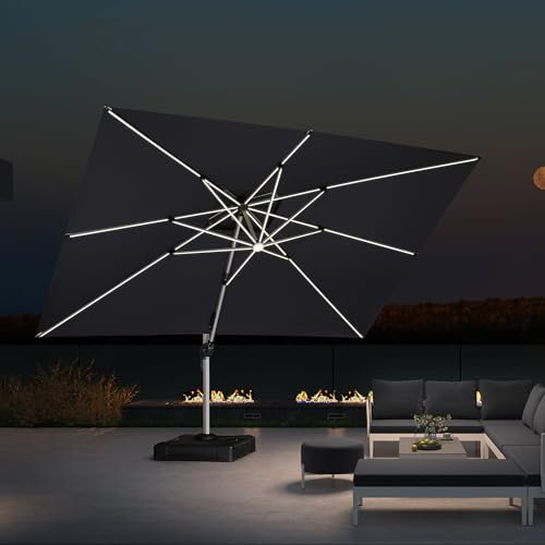 PURPLE LEAF Parasol Déporté 3 x 4 m Rectangulaire avec LED, Parasol De Jardin Exterieur Toit à Double Rotatif 360°,Parasol Terrasse Exterieur XXL, Gris acier