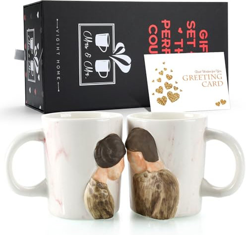 EXREIZST Couples Mugs Gift Set Funny Coffee Cups Set 400 ml / 3D Kissing Mugs Wedding Gifts for Bride and Groom Lover Couple Gift for Valentines Day Anniversary Birthday Housewarming