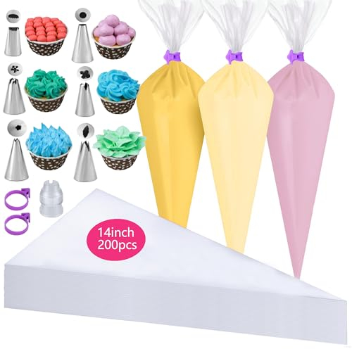 GZMAISULEE 209 Stück Spritzbeutel mit Tüllen Set, 35x21cm Einweg Spritzbeutel 200 Stück, 6 Rohrleitungsdüsen, 2 Spritzbeutelbändern, 1 Koppler