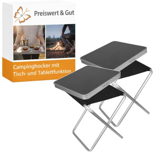 2 STK Campinghocker mit MDF Tischplatte Aluminium Sitzhöhe 45 cm Set | Silberner Klapphocker mit schwarzer MDF Tischplatte, Oxford Sitzfläche und 100 kg Tragkraft, als Klapptisch nutzbar