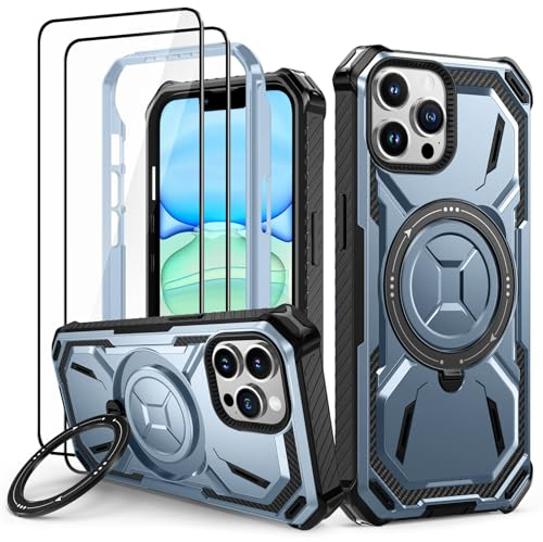 Lanhiem Handyhülle für iPhone 13 Pro Max Hülle mit 2 Stück Panzerglas und 360° Ring Ständer, Militärischer Stoßfest Schutzhülle für iPhone 13 Pro Max Case, Blau
