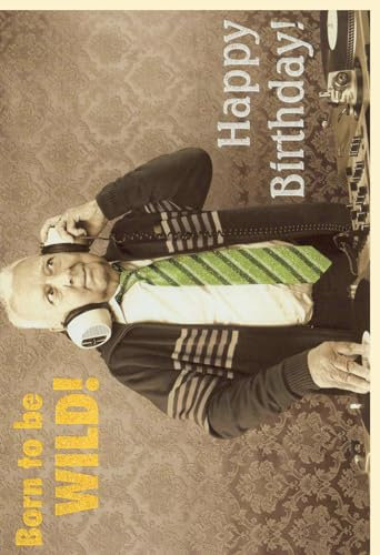 Witzige Geburtstagskarte für Erwachsene und Senioren: Vintage DJ Opa Design mit Mikro, Born to be WILD Slogan. Humorvolle Retro-Glückwunschkarte für den Geburtstag - mit Umschlag