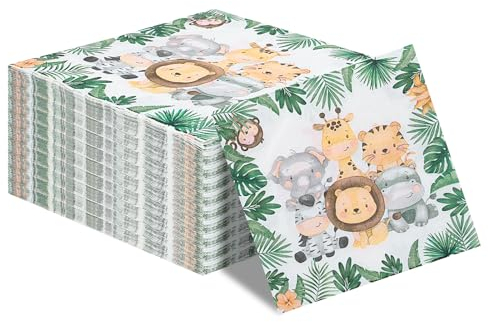 Jostift 60 Stück Servietten Kindergeburtstag, Servietten Dschungel, Servietten Grün Servietten Tiere Servietten Geburtstag Tischdekorationen Tischdeko für Geburtstag Party Babyparty, 33x33cm