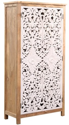 Marrakesch Boho Kleiderschrank Schrank in Weiß aus Holz massiv 190cm | Highboard Mehrzweckschrank Bulam für Wohnzimmer Flur und Schlafzimmer als Orientalische Möbel | Aktenschrank für das Büro