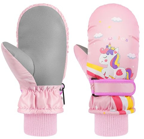 MoKo Guantes de Esquí para Niños Invierno, Guantes de Nieve Impermeables para Niñas de 5 a 10 años Antideslizantes Resistente al Viento con Hebillas, Mitones Térmicos al Aire Libre, Talla M,Rosa Clara