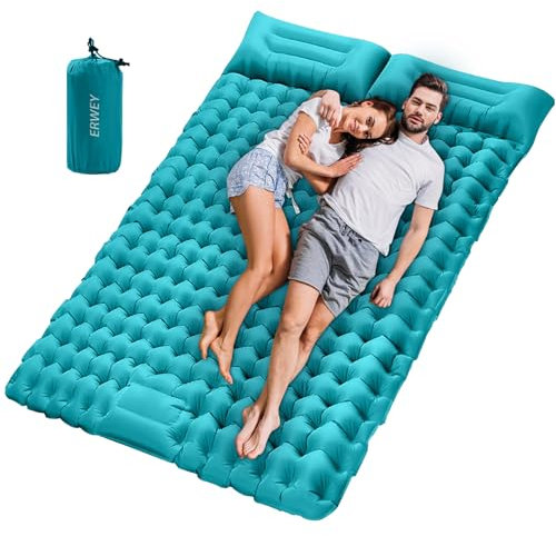 ERWEY Materassino autogonfiabile per 2 persone, 200 x 135 cm, ultraleggero, da campeggio, gonfiabile, con pompa a piedi, pieghevole, con cuscino, ciano