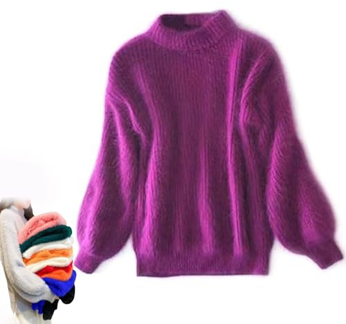 BreWel Señora Invierno Angora Mezcla de Cachemira suéter Suelto y cálido Casual Grueso Cuello Alto de Lana suéter de Color sólido Cuello Redondo Jersey de Punto suéter