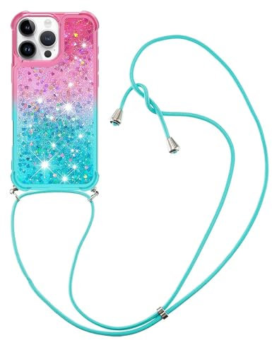 GoodcAcy Coque Compatible avec Samsung Galaxy A05s, Collier Coque Glitter Transparent Paillettes Etui TPU Bumper Silicone Case avec Chaîne Lanière Housse pour Smartphone Lanyard Case- Rose Bleu