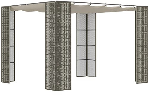 Outsunny Pergola rétractable 3L x 3l x 2H m Toile Polyester Haute densité Anti-UV Toit Coulissant Structure métal époxy anticorrosion résine tressée PP Gris et crème