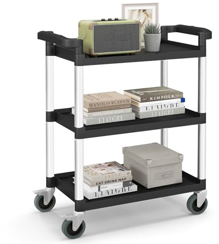 TANGZON 3 Tier Service Cart, Rolling Tool Trolley with Locking Wheels & 2 Handles, Utility Trolley Cart for Workshop Garage, 150KG Load Capacity (Aluminum+PP, Black+Silver, 80 x 41 x 97 cm)