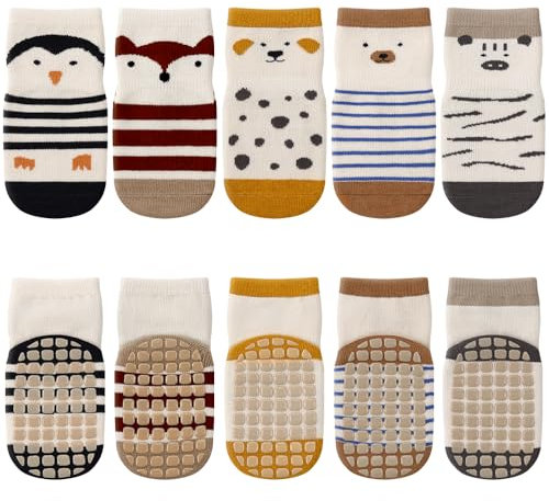 Kyopp 5 Paar Socken Baby Kleinkinder ABS rutschfeste Stoppersocken Kinder Tiermotive Sock Baumwolle Kindersocken Crew Socks