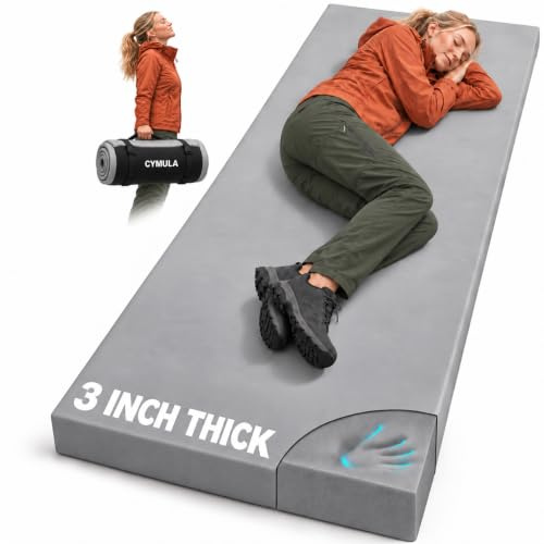 CYMULA Camping-Matratzenauflage aus Memory-Schaum, 7,6 cm dick, tragbar, für Übernachtungen, Gästebett, aufrollbare Matratze für drinnen und draußen, Reisen, mit Tasche (Einzelbett, 190,5 x 76,2 x 7,6