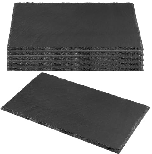 CHEUKYIU 6 Stück 25x15 cm Schwarz Schiefer, Naturschiefer Schieferplatte Servierplatte, Rechteckige Schieferplatte für Steak Vorspeise Sushi