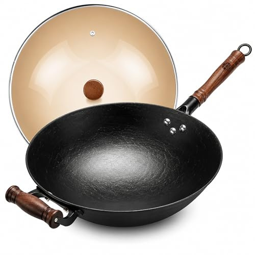 WANGYUANJI Chinesischer Wok aus Gusseisen mit rundem Boden, 36 cm, chinesischer alter Wok mit Glasdeckel, nur für Gasherd, offene Flammen